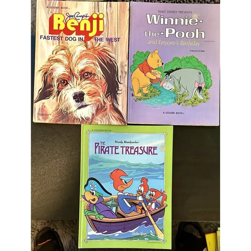 Vintage Kids Golden 3 Book Lot- Benji, Winnie Pooh, Woodie Woodpecker